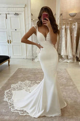 Satin Mermaid Lace V-neck Cap Sleeves Wedding Dresses With Appliques
