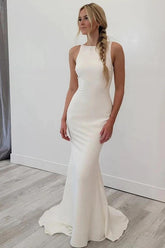 Satin Mermaid Scoop Neck Open Back Wedding Dresses, Bridal Gowns
