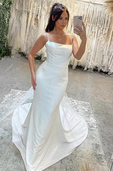 Satin Mermaid Spaghetti Straps Court Train Wedding Dresses, Bridal Gown