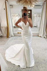 Satin Mermaid Spaghetti Straps Pleated Wedding Dresses, Bridal Gown