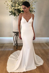 Satin Mermaid Spaghetti Straps V-neck Wedding Dresses with Train