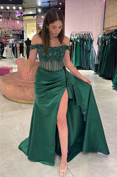 Satin Sheath Off-the-Shoulder Long Prom Dresses With Lace Appliques