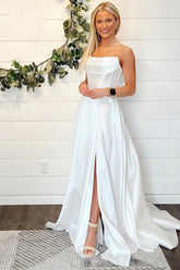 Satin A-line Strapless Simple Wedding Dresses With Slit, Bridal Gown