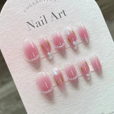 10pcs Blush Pink Press On Nails Handmade Wearable Fake Nail Patches With Pearl Flower Designed Korean Style False Nail Tips