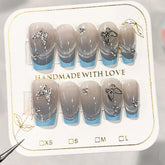 10pcs Blue Edge French Tips Press On Nails Handmade Grey Cat's Eye False Nail With Metal Butterfly Decor Short Reusable Manicure