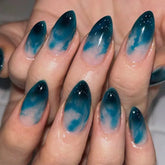 24pcs Dark Blue Gradient Oval Fake Nails Press On Nails French Spotting Gentle False Nails Short Almond Artificial Nail Wearable