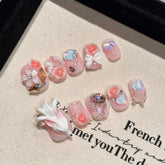 10pcs Handmade Press On Nails Light PInk Short Square Fake Nail Tips With 3D Fox Flower Bows Butterfly Designs Sweet False Nails