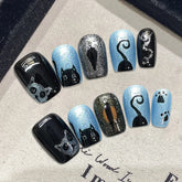 10pcs Glossy Blue Black False Nails Handmade Flash Short Square Fake Nail Patches Hand Painted Cute Cat Designs Press On Nails