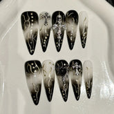 10pcs Y2k Long Stiletto False Nail Tips Gradient Black Metal Heart Cross Decor Handmade Press On Nails Sweet Cool DIY Manicure