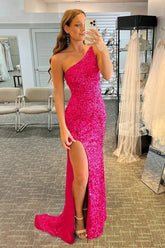 Sequins Mermaid One-Shoulder Backless Prom Dresses, Evening Gown
