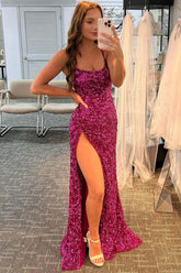 Sequins Mermaid Scoop Long Prom Dresses With Side Slit, Formal Dress