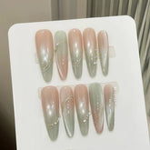 10pcs Green Grapefruit Color Press On Nails Handmade Ice Transparent Cat Eye Fake Nail Simple Light Luxury False Nail For Spring