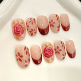 10pcs Romantic Rose Handmade Press On Nails Hand-painted Red Flower Designs False Nail Short Almond French Style Fake Nails