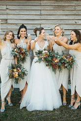 Sheath Halter Neck Tea Length Bridesmaid Dresses With Side Slit