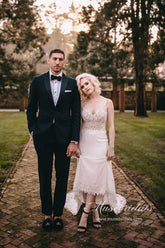 Sheath Lace Bodice Spaghetti Straps Wedding Dresses With Sweep Train