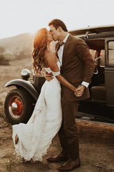 Sheath Off-the-Shoulder Lace Wedding Dresess With Slit, Bridal Dresses