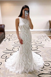 Sheath Open Back Lace Wedding Dresses With Court Train, Bridal Dresses,