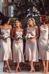 Sheath Silk Satin Cowl Neck Midi Bridesmaid Dresses, Wedding Party Dress