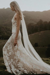 Sheath V-neck Lace Wedding dresses With Chapel Train, Wedding Gowns