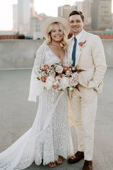 Sheath V-neck Long Sleeves Lace Wedding Dress With Short Train