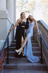 Sequins Mermaid V-neck Prom Dresses With Slit, Evening Dress