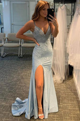 Shiny Light Blue Mermaid Prom Dresses With Slit, Long Formal Dresses
