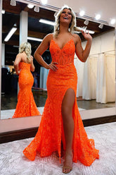 Shiny Orange Mermaid V-neck Lace Prom Dresses With Slit, Party Dress