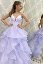 Shiny Purple Tulle A-line V-neck Prom Dress, Spaghetti Straps Evening Gown