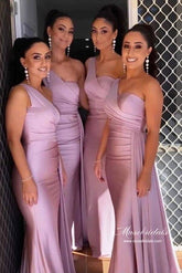 Silk Satin Mermaid One Shoulder Long Bridesmaid Dresses With Train