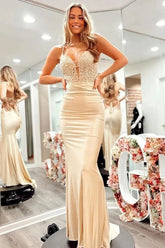 Silk Satin Mermaid V-neck Spaghetti Straps Lace up Back Prom Dresses