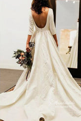 Simple 3/4 Sleeves Backless Modest Wedding Dresses, Bridal Gowns