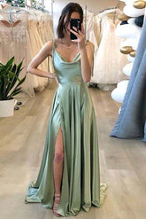 Simple A-line Spaghetti Straps Long Prom Dress With Slit, Evening Gown