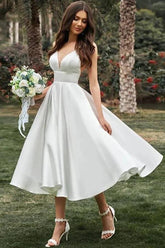 Simple A-line Spaghetti Straps Tea Length Wedding Dress, Bridal Gown