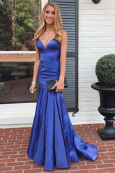 Satin Mermaid V-neck Long Prom Dress, Evening Gowns