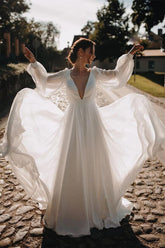 Simple Chiffon A-line Puffy Sleeves Beach Wedding Dress, Bridal Gown