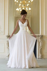 Simple Chiffon A-line V-neck Sleeveless Floor Length Beach Wedding Dresses