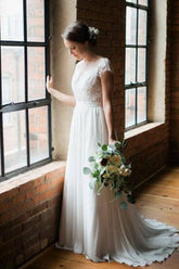 Simple Chiffon Lace Scoop Open Back Sweep Train Wedding Dresses
