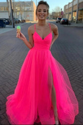Simple Hot Pink Tulle A-line Prom dresses With Slit, Long Formal Dress