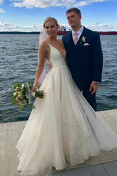 Simple Ivory A-line V-neck Backless Wedding Dresses, Beach Wedding Dress