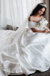 Simple Ivory Ball Gown Satin Lace Off-the-Shoulder Wedding Dresses