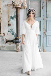 Simple Ivory Chiffon A-line V-neck Half Sleeves Long Wedding Dresses