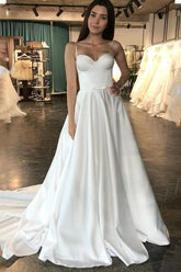 Simple Ivory Satin A-line Sweetheart Wedding Dresses, Cheap Bridal Gown