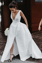 Simple Ivory Satin A-line V-Neck Wedding Dresses with Pockets