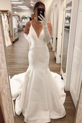 Simple Ivory Satin Mermaid V Neck Wedding Dresses, Wedding Gowns