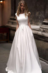 Simple Ivory Satin Vintage A-line Princess Wedding Dresses With Pockets