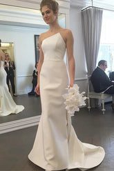 Simple Mermaid Ivory Strapless Wedding Dresses With Train, Wedding Gown