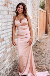Simple Pearl Pink Mermaid Spaghetti Straps V-neck Long Prom Dresses