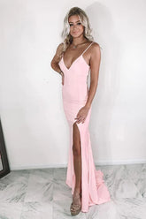 Mermaid V-neck Satin Prom Dresses, Formal Dress With Slit