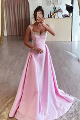 Satin A-line Long Prom Dresses With Beading, Evening Dress