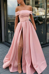 Satin A-line Off Shoulder Sweep Train Prom Dresses With Belt